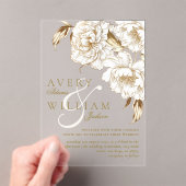 Invitations En Acrylique Peonies florales Blanc Golden Elegant Mariage (In situ (ordinateur de poche))