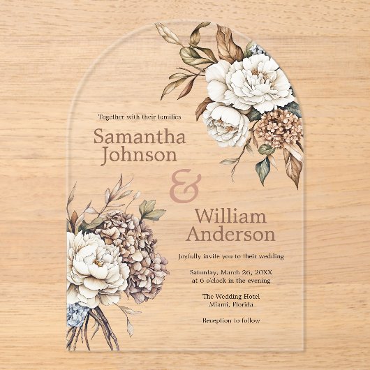 Invitations En Acrylique Peony moderne et Mariage Hydrangea (Recto)