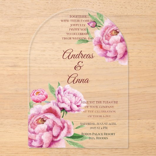 Invitations En Acrylique Peony Wedding (Recto)