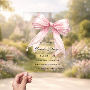 Invitations En Acrylique Perles de ruban rose élégant Sweet 16 luxe clair