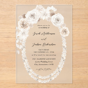 Invitations En Acrylique Perles et Mariage floral blanc V2