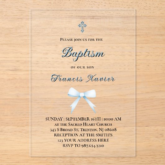 Invitations En Acrylique petit arc bleu pastel Baptême (Recto)