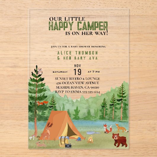 Invitations En Acrylique Petit Camper Camping Aventure Baby shower Forêt (Recto)