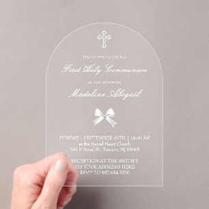 Invitations En Acrylique petit nœud blanc Première communion