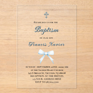 Invitations En Acrylique petit noeud bleu pastel Baptême