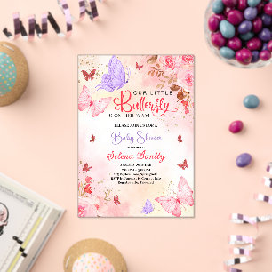 Invitations En Acrylique petit papillon baby shower fille Aquarelle rose
