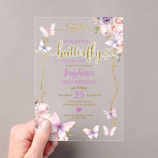 Invitations En Acrylique Petit Papillon rose pourpre 1er anniversaire (In situ (ordinateur de poche))