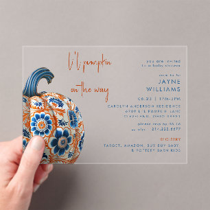 Invitations En Acrylique Petite Citrouille Bleue et Orange Baby Shower