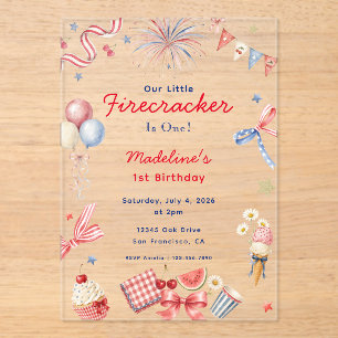 Invitations En Acrylique Petite Fée d'Artifice Fille du 14 Juillet 1er Anni