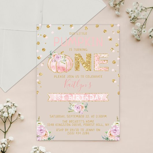 Invitations En Acrylique Petites filles Citrouilles 1er anniversaire