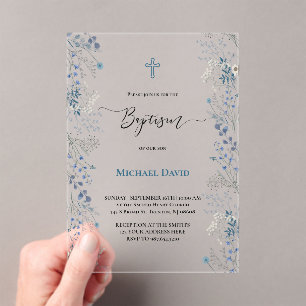 Invitations En Acrylique petites fleurs aquarelles bleues Baptême