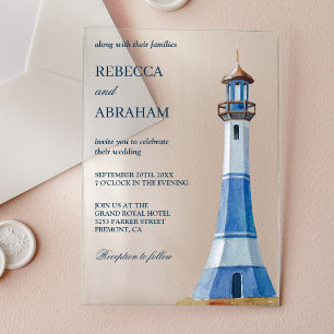 Invitations En Acrylique Phare à l'aquarelle bleu rustique mariage nautique