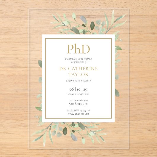 Invitations En Acrylique Phd Degree Aquarelle Vert Floral Graduation (Recto)
