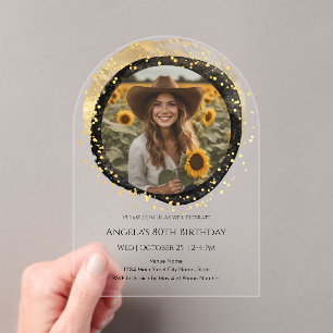 Invitations En Acrylique Photo 80e anniversaire noir et or