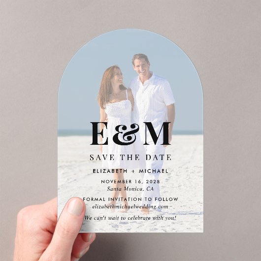 Invitations En Acrylique Photo Arc Monogramme Moderne Enregistrer La Date (In situ (ordinateur de poche))