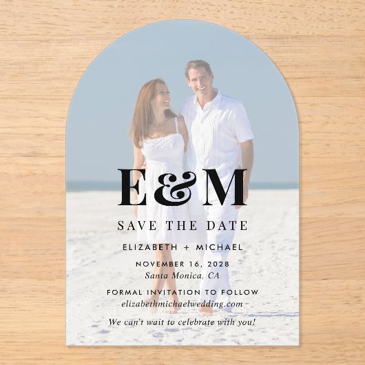Invitations En Acrylique Photo Arc Monogramme Moderne Enregistrer La Date (Recto)
