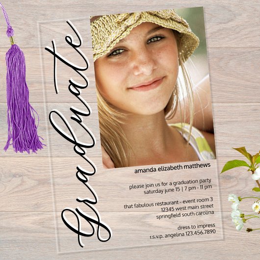 Invitations En Acrylique Photo Black N White Girly Script Graduation Party
