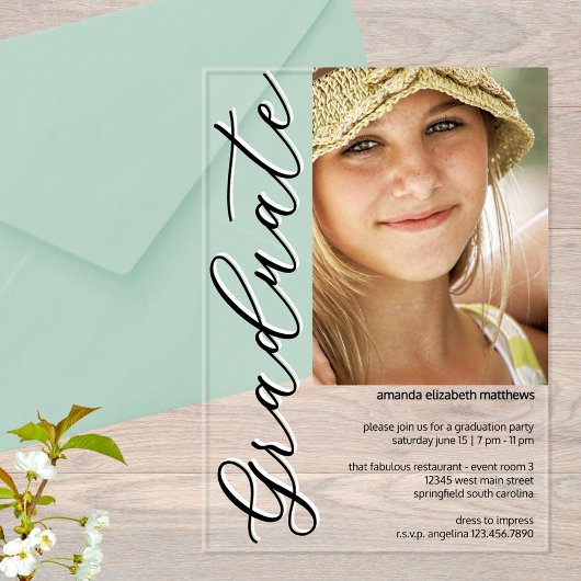 Invitations En Acrylique Photo Black N White Girly Script Graduation Party