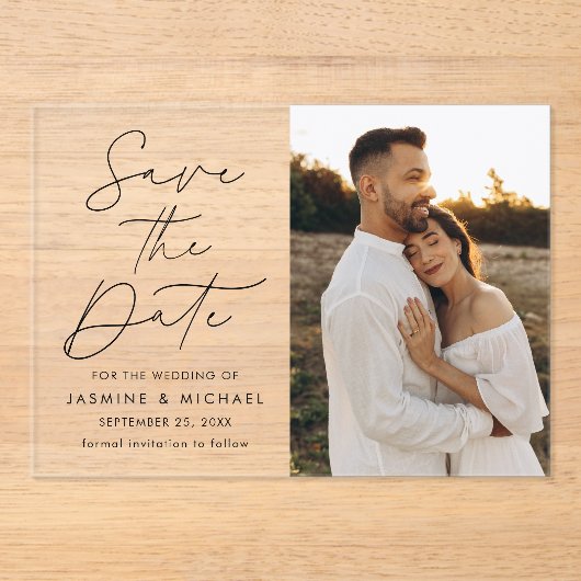 Invitations En Acrylique Photo Black Script Moderne Enregistrer La Date (Recto)