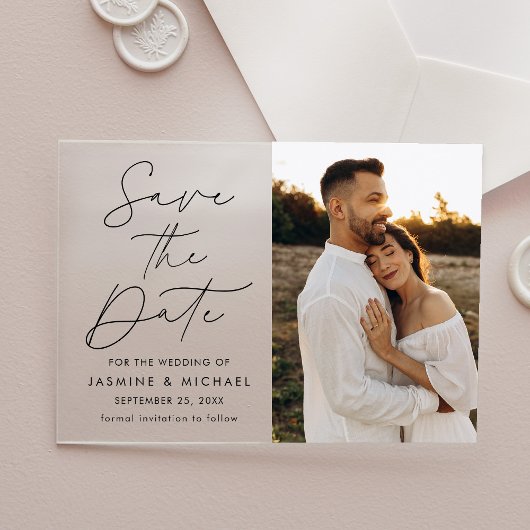 Invitations En Acrylique Photo Black Script Moderne Enregistrer La Date