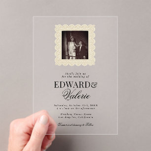 Invitations En Acrylique Photo d'argent ancien Mariage dentelle vintage