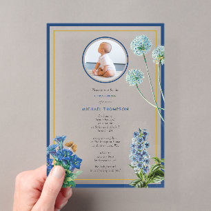 Invitations En Acrylique Photo de baptême de garçon or botanique bleu