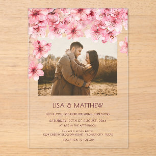 Invitations En Acrylique Photo de mariage de fleurs de cerisier transparent