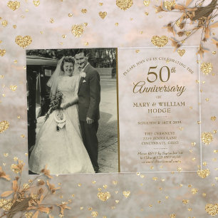 Invitations En Acrylique Photo de mariage élégant or 50e anniversaire
