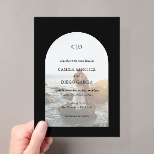 Invitations En Acrylique Photo de mariage moderne avec arche noire élégante