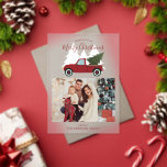 Invitations En Acrylique Photo de Noël vintage Red Truck<br><div class="desc">Illustration fantaisiste d'un vieux camion rouge de mode portant un arbre de Noël. Personnalisez ce design avec votre photo de famille préférée et un message personnalisé.</div>