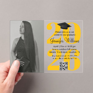 Invitations En Acrylique photo diplôme 2025 fête code qr orange jaune