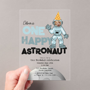 Invitations En Acrylique Photo d'un astronaute heureux pour son 1er anniver