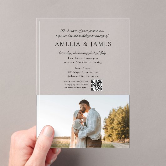 Invitations En Acrylique Photo Elegant Calligraphie QR Code (In situ (ordinateur de poche))
