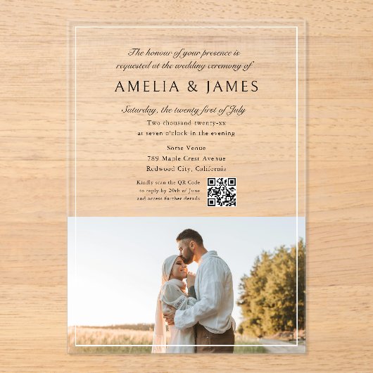 Invitations En Acrylique Photo Elegant Calligraphie QR Code (Recto)