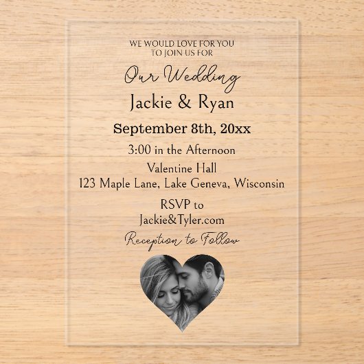 Invitations En Acrylique Photo en forme de coeur Mariage translucide (Recto)