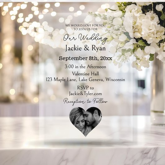 Invitations En Acrylique Photo en forme de coeur Mariage translucide