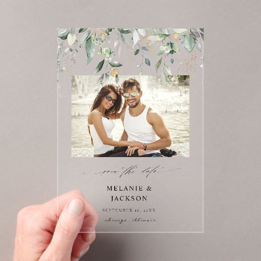 Invitations En Acrylique Photo Eucalyptus Glow Enregistrer la date (In situ (ordinateur de poche))