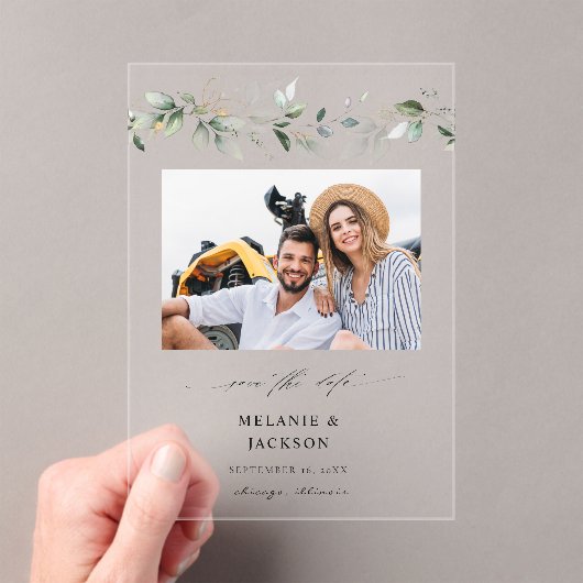 Invitations En Acrylique Photo Eucalyptus Glow Enregistrer la date 2 (In situ (ordinateur de poche))