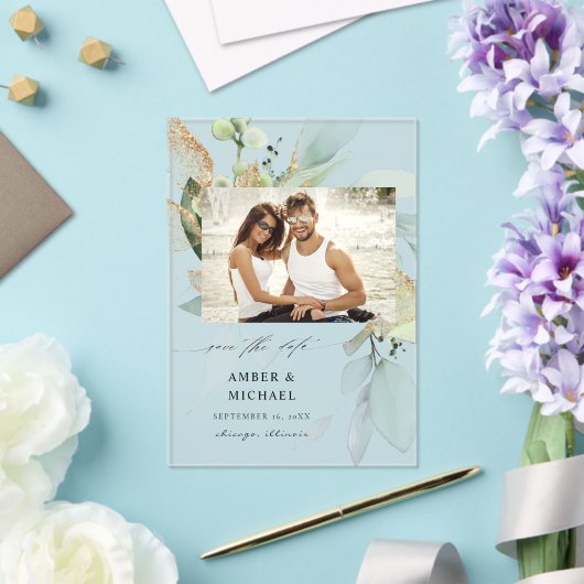 Invitations En Acrylique Photo Eucalyptus Glow Enregistrer la date 3 (Insitu (Mariage))