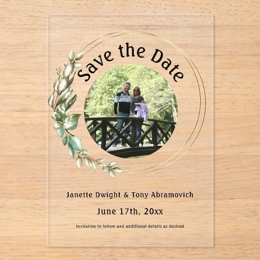 Invitations En Acrylique Photo feuilles verts Sauvez la date (Recto)