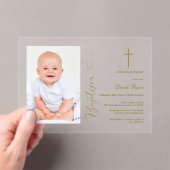 Invitations En Acrylique Photo Garçon moderne Calligraphie Or Baptême (In situ (ordinateur de poche))