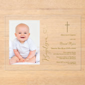 Invitations En Acrylique Photo Garçon moderne Calligraphie Or Baptême (Recto)