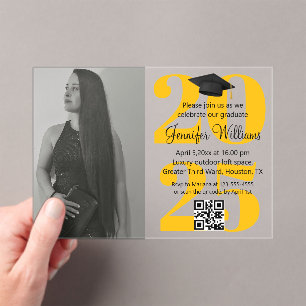 Invitations En Acrylique photo graduation 2025 parti qr code orange jaune