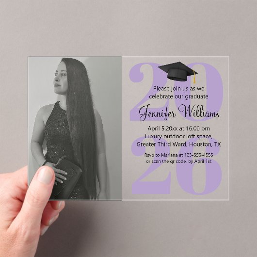 Invitations En Acrylique photo graduation 2025 parti qr code script violet (In situ (ordinateur de poche))