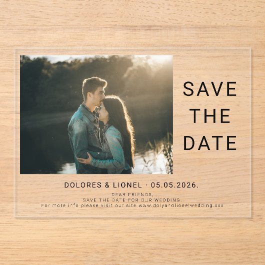 Invitations En Acrylique Photo minimaliste Enregistrer la date (Recto)