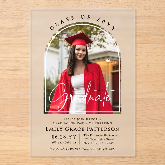 Invitations En Acrylique Photo Modern Arch Graduate Script Graduate Party (Recto)