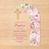 Invitations En Acrylique Pies roses Arch Baptême (Recto)