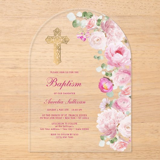 Invitations En Acrylique Pies roses Arch Baptême (Recto)