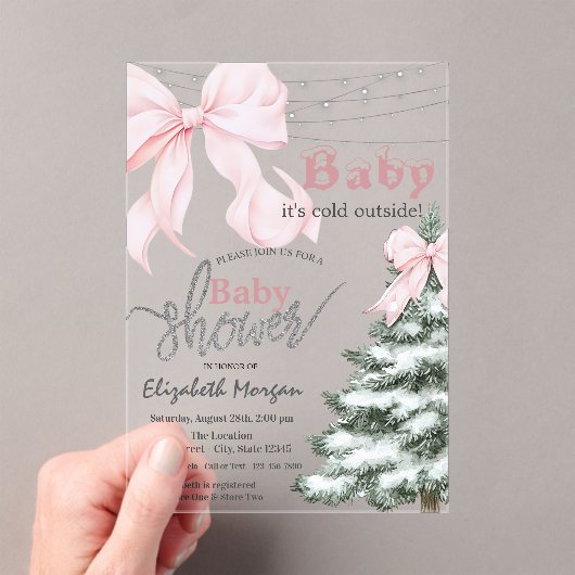 Invitations En Acrylique Pine Tree Pink Bow Snowflakes Baby Shower (In situ (ordinateur de poche))