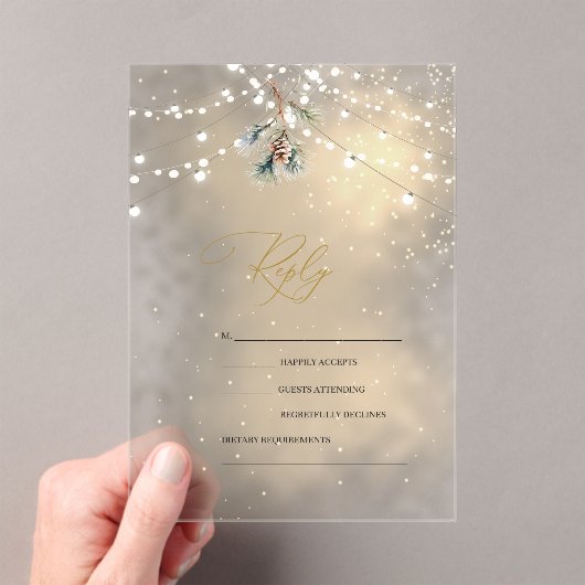 Invitations En Acrylique Pinecone String Lights Winter Wedding RSVP   (In situ (ordinateur de poche))